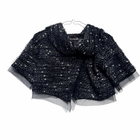 Tarnish Italy Bouclé Knit Cropped Jacket with Tulle Trim - Black/White Size: S/M - Picture 2 of 6